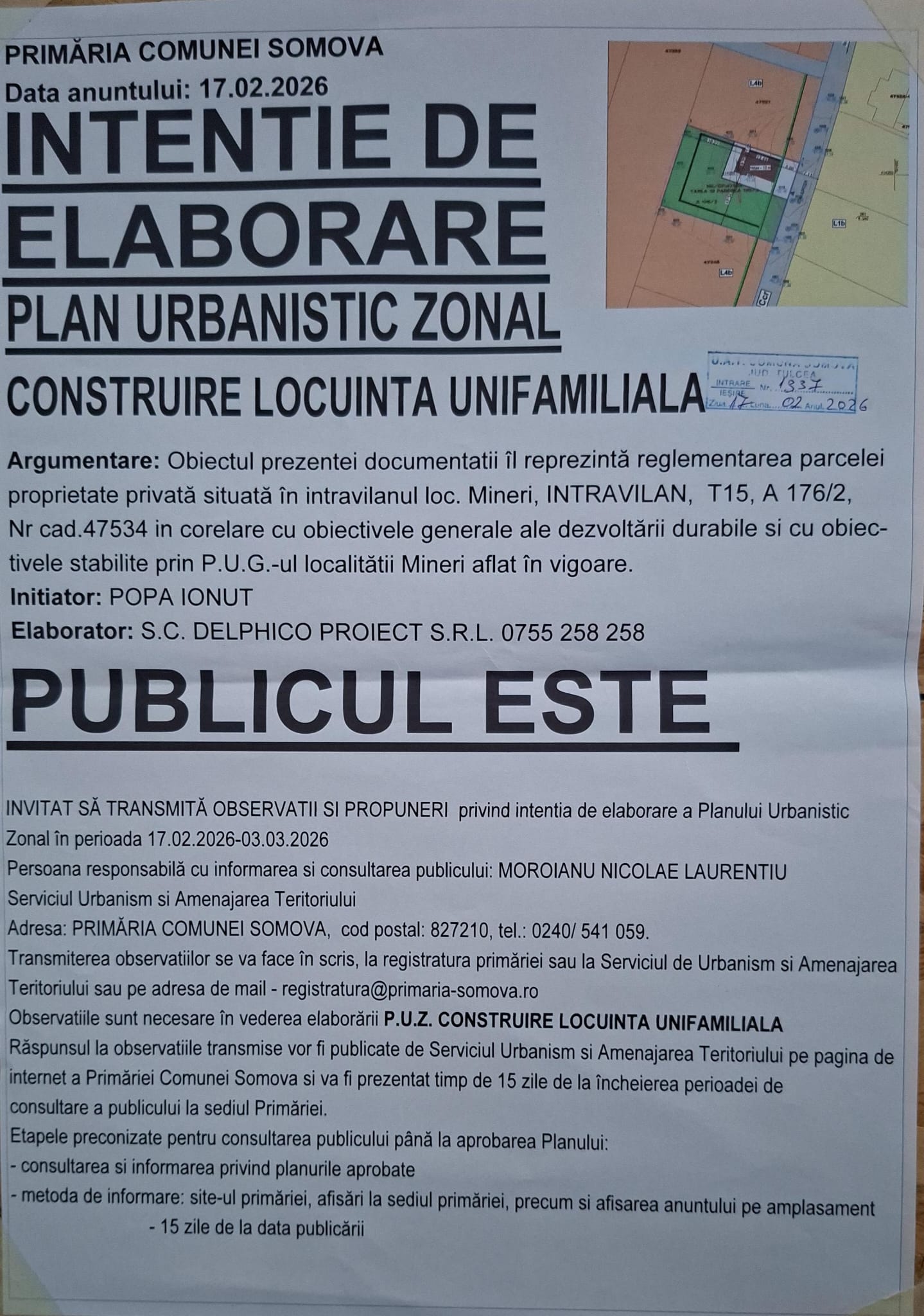 Anunt intentie Elaborare PUZ Construire Locuinta Unifamiliala Popa Ionut